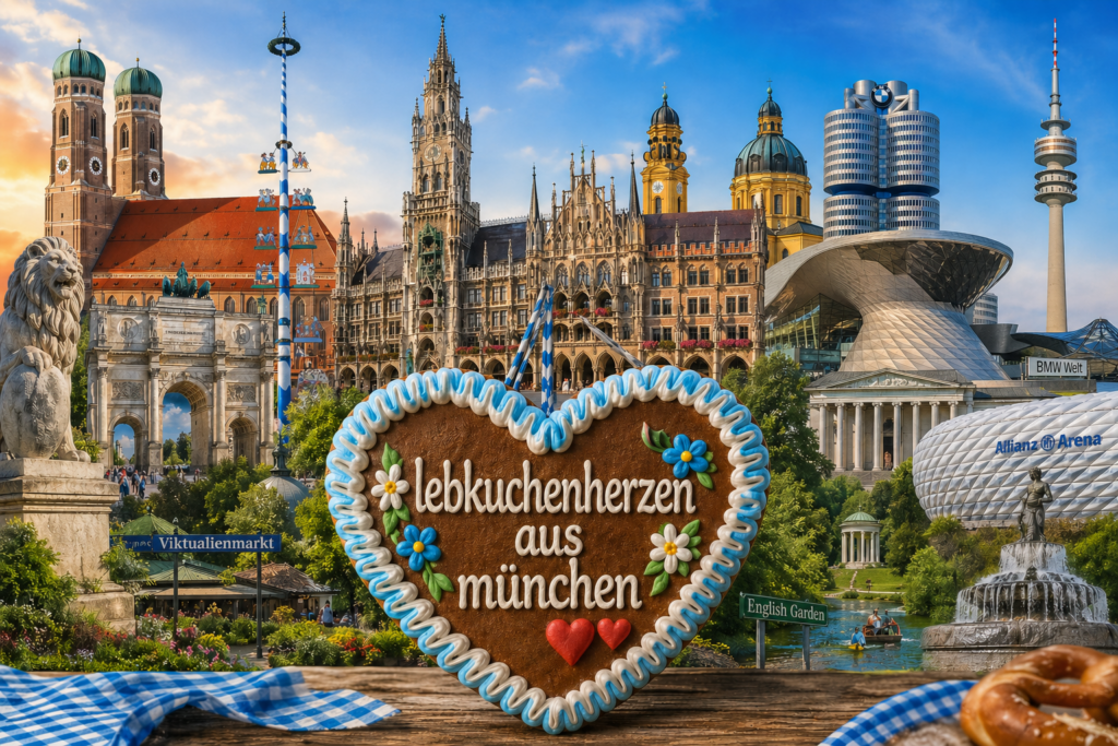 Lebkuchenherz mit blau-weißem Zuckerrand und der Aufschrift „Lebkuchenherzen aus München“ vor einer Collage bekannter Münchner Sehenswürdigkeiten wie Frauenkirche, Marienplatz, Olympiaturm und Allianz Arena