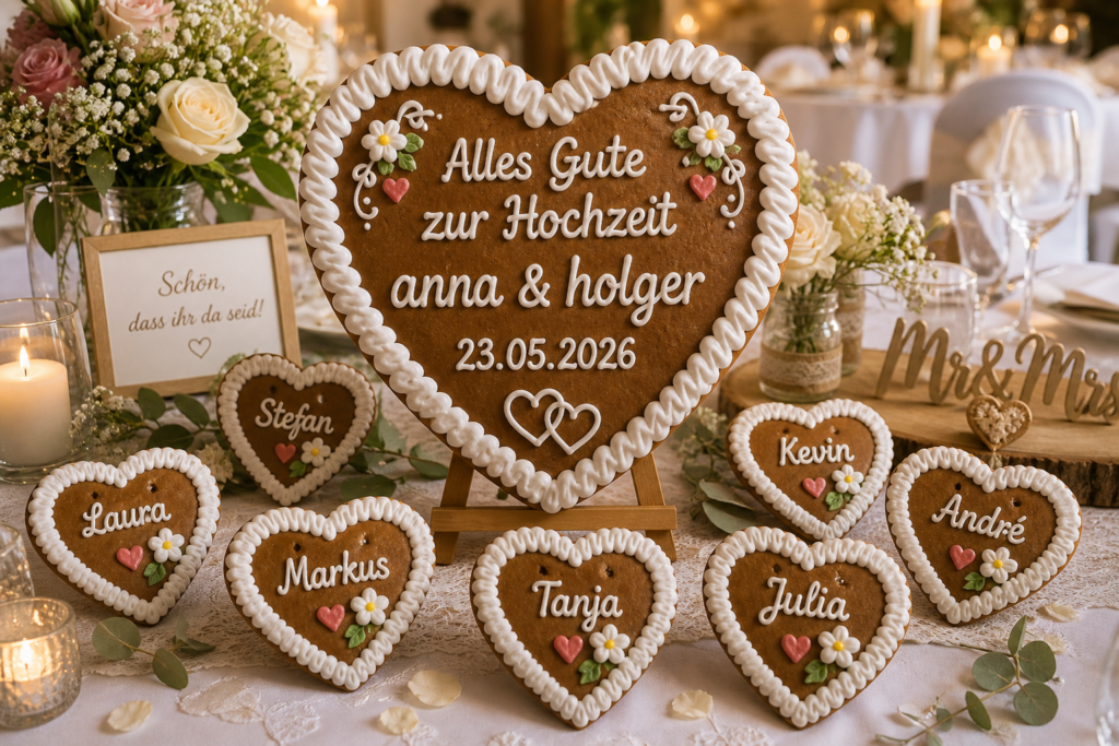 Hochzeitstafel mit großen und kleinen Lebkuchenherzen mit weißem Rand, personalisiert mit Namen der Gäste sowie einem großen Herz mit „Alles Gute zur Hochzeit Anna & Holger 23.05.2026“